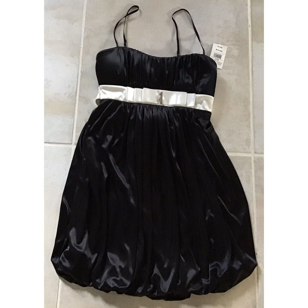 RUBY ROX M Black Satin Dress Bubble Hem Spaghetti Strap Glam Quiet Luxe Feminine